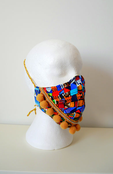 Reusable, Washable, Mixed-Print, Weave Face Mask, With Pom-Poms And Rhinestones
