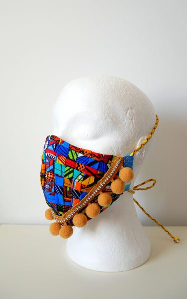 Reusable, Washable, Mixed-Print, Weave Face Mask, With Pom-Poms And Rhinestones