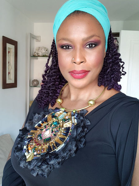 Rilda  Multi Glass-Beaded and Swarovski Crystal Embellished Metal  Pendant Bib Necklace with Black Flower Petals.