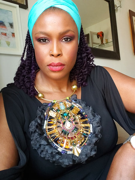 Rilda  Multi Glass-Beaded and Swarovski Crystal Embellished Metal  Pendant Bib Necklace with Black Flower Petals.