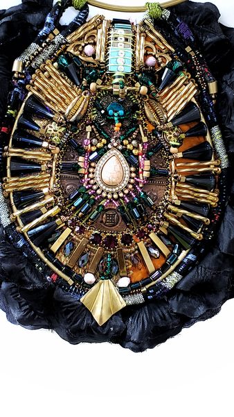 Rilda  Multi Glass-Beaded and Swarovski Crystal Embellished Metal  Pendant Bib Necklace with Black Flower Petals.