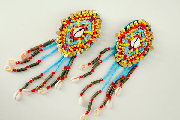 Selene Multi-Beaded Embellished Shell And Jasper Fringe Clip-On Earrings