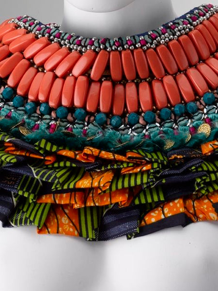 Salma Bead-Embellished African Print Ruffle Neckpiece