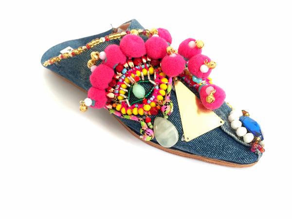 Sienna Beaded Swarovski And Embellished Pom-Pom Denimr Mules