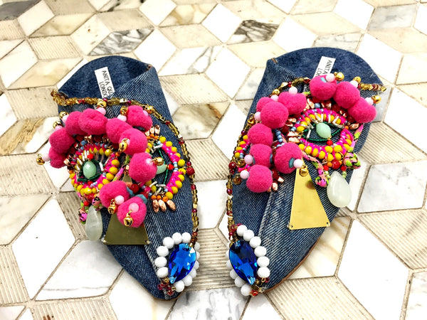 Sienna Beaded Swarovski And Embellished Pom-Pom Denimr Mules