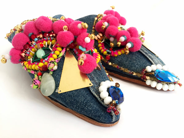 Sienna Beaded Swarovski And Embellished Pom-Pom Denimr Mules