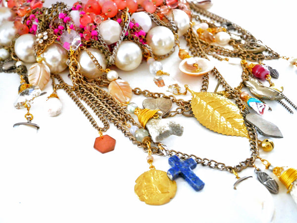 Sophia, Multi-Stone Embellished Chain Charm And Shell Statement Necklace