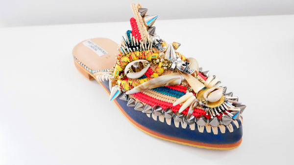 Uzoamaka Embellished Beaded Studded Leather And Raffia Mask Slippers