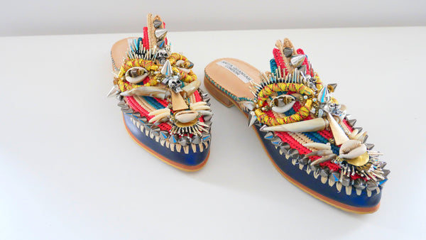 Uzoamaka Embellished Beaded Studded Leather And Raffia Mask Slippers