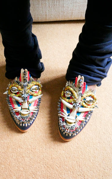 Uzoamaka Embellished Beaded Studded Leather And Raffia Mask Slippers