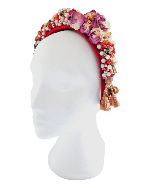 Venus Beaded Rose And Tassel Embellished Velvet Headband