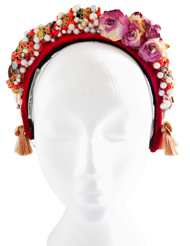 Venus Beaded Rose And Tassel Embellished Velvet Headband