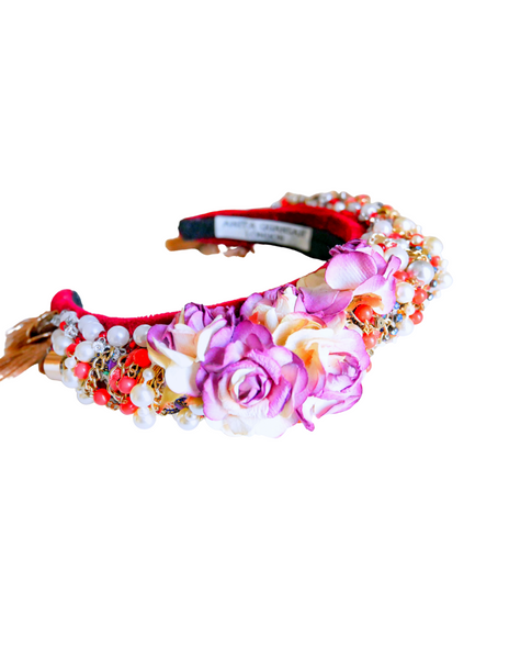 Venus Beaded Rose And Tassel Embellished Velvet Headband