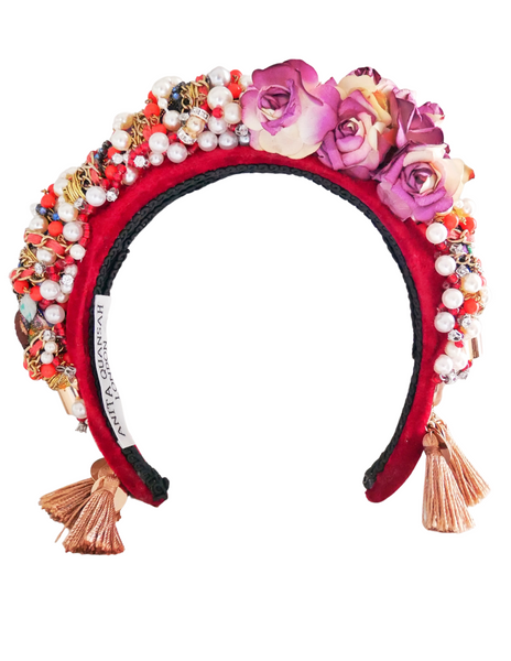 Venus Beaded Rose And Tassel Embellished Velvet Headband
