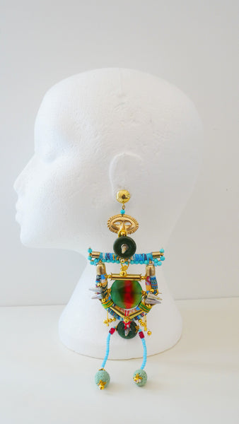 Viva Gemstone-Embellished Lava Rock Drop Earrings with Brass Mask Pendants