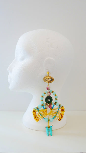 Viva Gemstone-Embellished Lava Rock Drop Earrings with Brass Mask Pendants