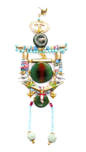 Viva Gemstone-Embellished Lava Rock Drop Earrings with Brass Mask Pendants
