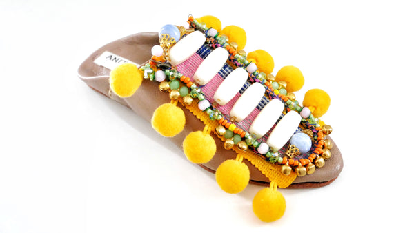 Willa Beaded And Pom-poms Embellished Leather Kids Mules
