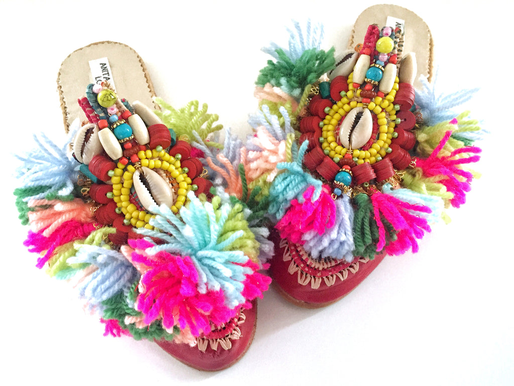 Zaylee Embellished Leather And Raffia Tassel Slippers