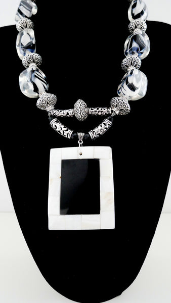 Zebra Motif Resin Beaded, Tibetan Silver and Mother of Pearl Necklace