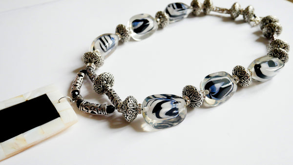 Zebra Motif Resin Beaded, Tibetan Silver and Mother of Pearl Necklace