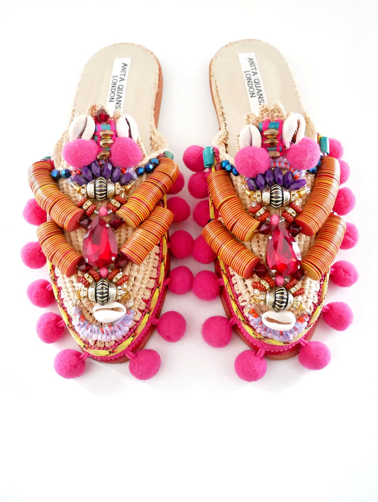 Zuly Embellished Raffia And Leather Pom-Pom Slippers