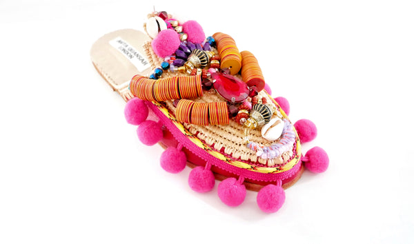 Zuly Embellished Raffia And Leather Pom-Pom Slippers