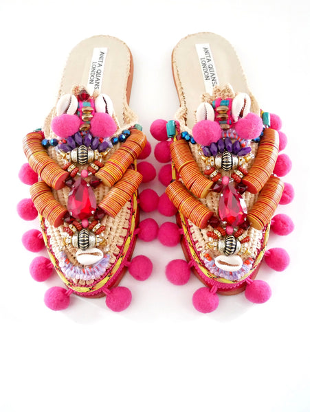 Zuly Embellished Raffia And Leather Pom-Pom Slippers