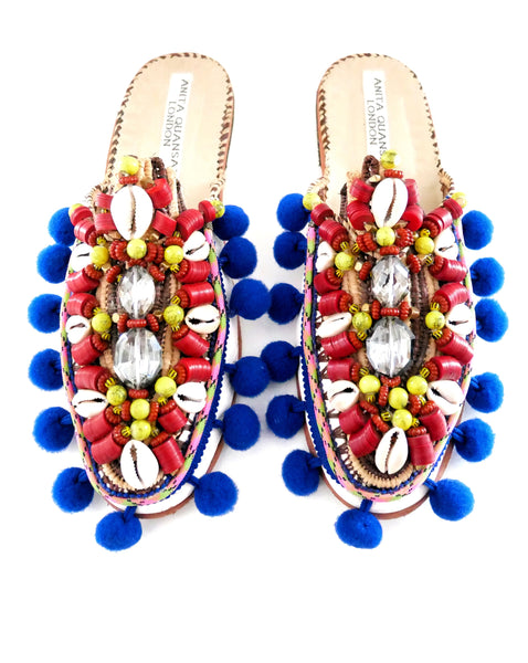 Zaza Beaded Crystal Pom-Pom Raffia And Leather Slippers