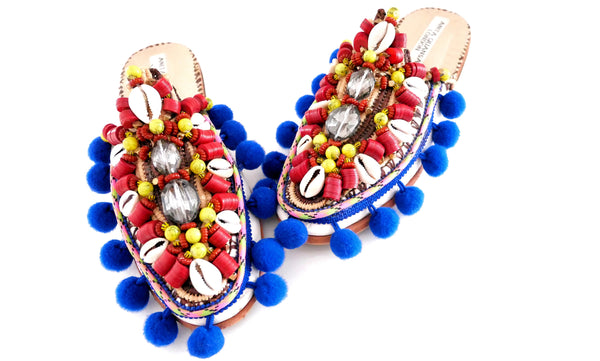Zaza Beaded Crystal Pom-Pom Raffia And Leather Slippers