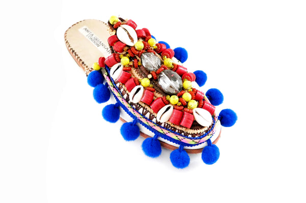 Zaza Beaded Crystal Pom-Pom Raffia And Leather Slippers