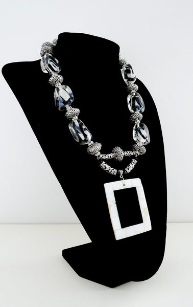 Zebra Motif Resin Beaded, Tibetan Silver and Mother of Pearl Necklace