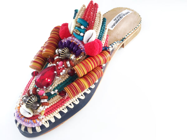 Zuly Multi-Beaded Embellished Raffia And Leather Slippers