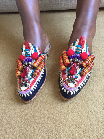 Zuly Multi-Beaded Embellished Raffia And Leather Slippers