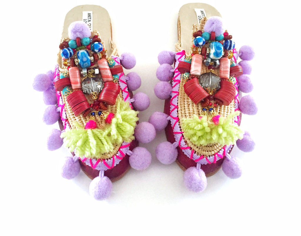 Poppy Beaded Embellished Leather Raffia Tassel And Pom-Pom Slippers By Anita Quansah London