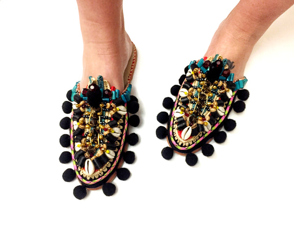 Amaka Beaded Pom-Pom Raffia And Leather Slippers By Anita Quansah London