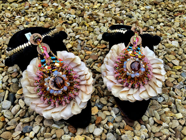 Ovia Embellished Beaded Silk Petals Suede Leather Mules