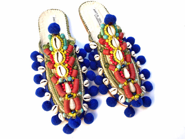 Olena Embellished Beaded Cowrie Shell Pom-Pom Slippers