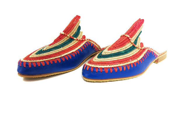 Akila Turquoise Blue Leather with Multi-Coloured Raffia Slippers