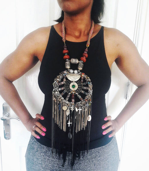 Fanaka Beaded Embellished Moroccan Amulet Tassel Necklace