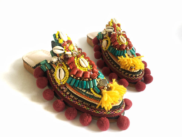 Sabina Multi-Beaded Embellished Leather And Raffia Pom-Pom Slippers