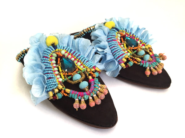 Giulia Embellished Rose Petals Leather Suede Slippers