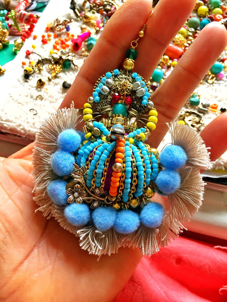 Carmella Beaded Tassel And Pom-Pom Earrings
