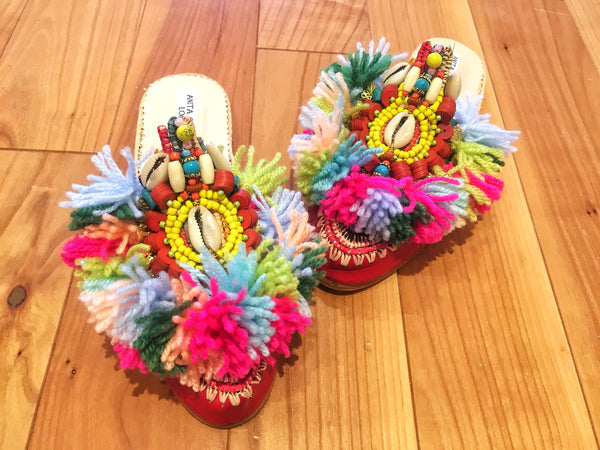 Zaylee Embellished Leather And Raffia Tassel Slippers