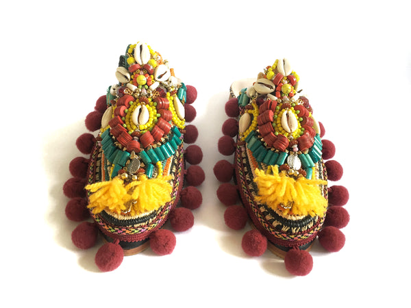 Sabina Multi-Beaded Embellished Leather And Raffia Pom-Pom Slippers
