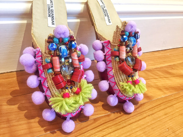 Poppy Beaded Embellished Leather Raffia Tassel And Pom-Pom Slippers By Anita Quansah London