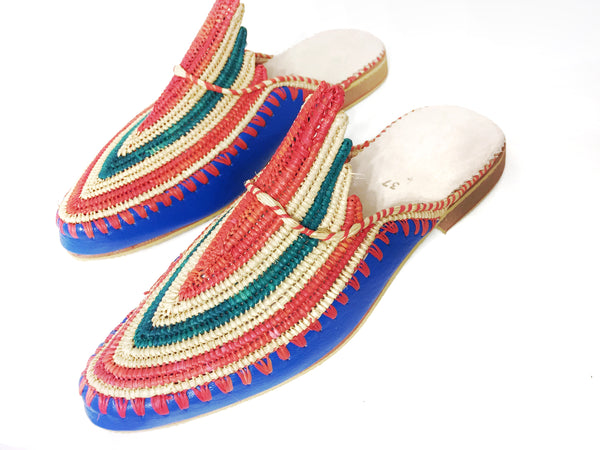 Akila Turquoise Blue Leather with Multi-Coloured Raffia Slippers