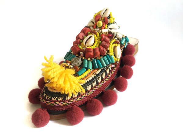Sabina Multi-Beaded Embellished Leather And Raffia Pom-Pom Slippers