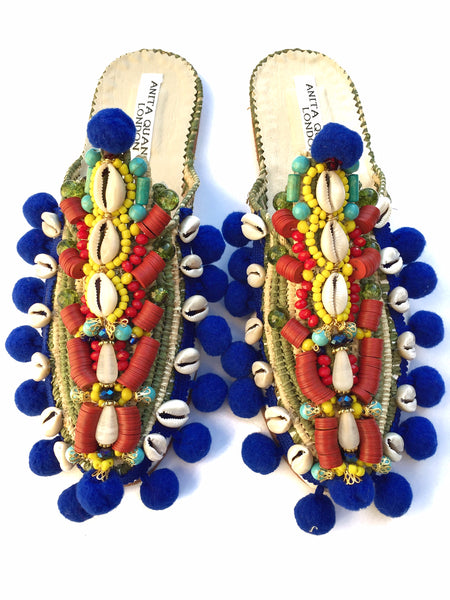 Olena Embellished Beaded Cowrie Shell Pom-Pom Slippers