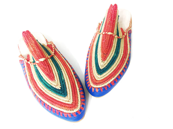 Akila Turquoise Blue Leather with Multi-Coloured Raffia Slippers